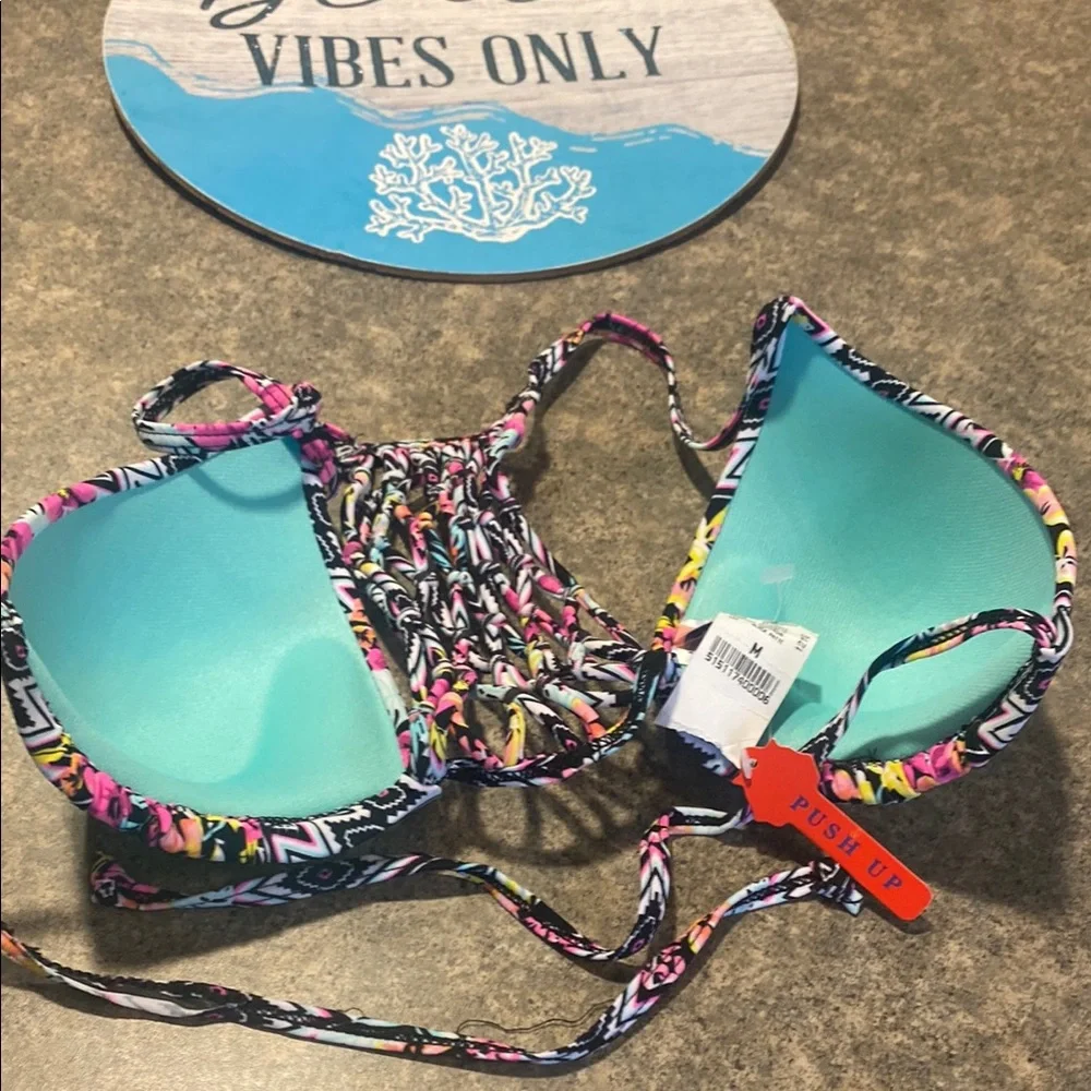 Wet Seal Multicolor Floral Print Push-Up Bikini Top with Teal Lining